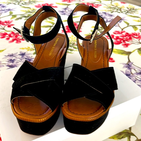 Black suede platform wedge sandals - Picture 2 of 7
